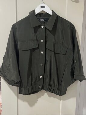 Zara Dark Olive Cropped Button-Up Jacket